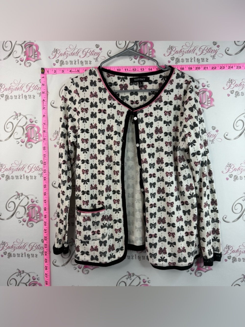Ellen Tracy Cardigan Jacket Cream with Black Trim and Pink Bow Accents